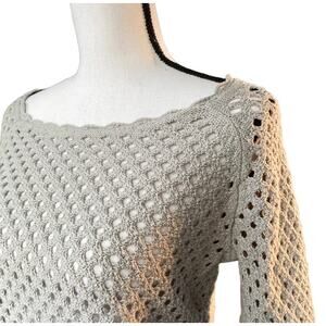 Loft Open Knit Pullover Sweater Sz S Gray Long Sleeve Scallop Neckline